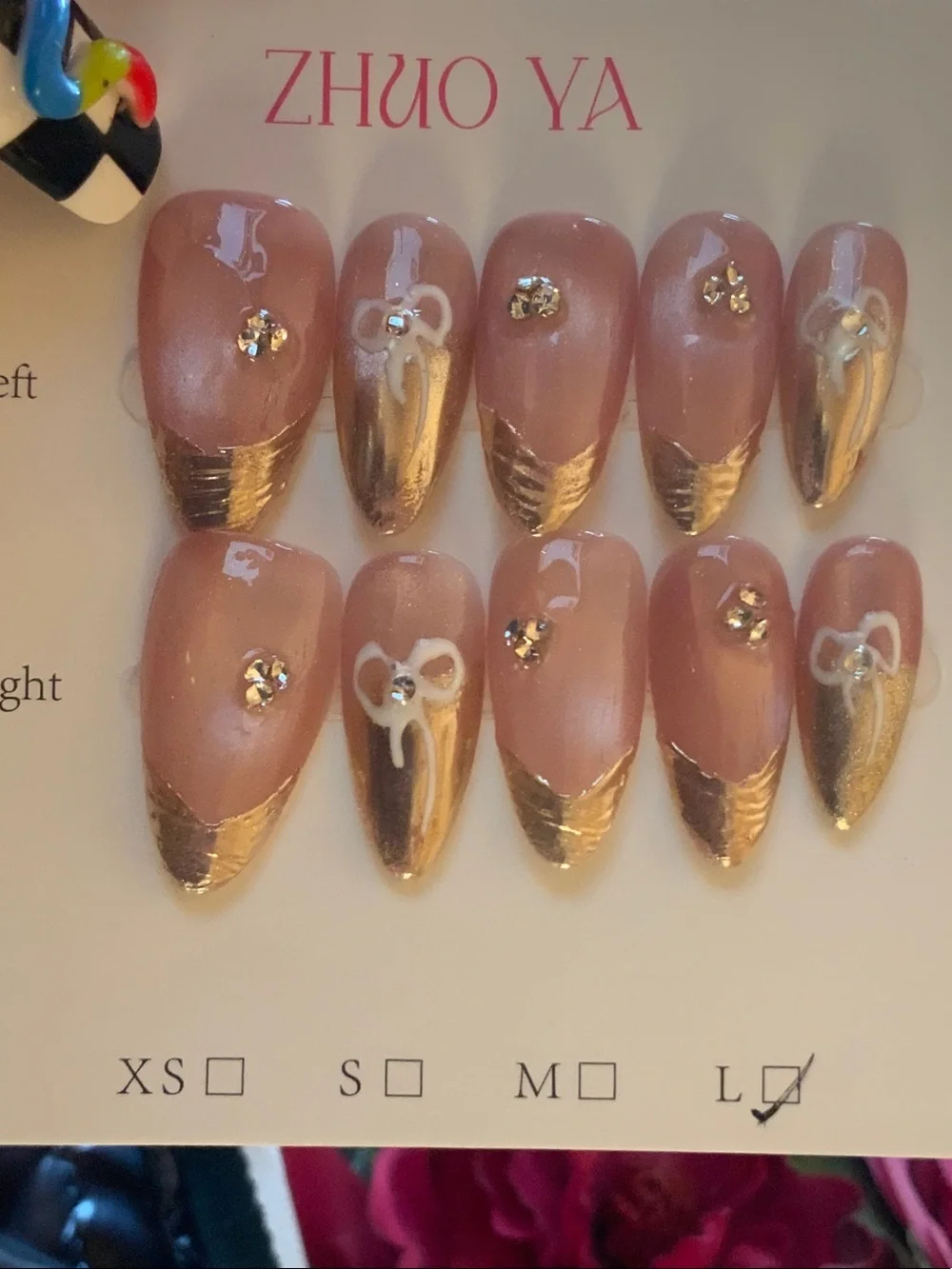 CUSTOM MADE L ALMOND Pink Cat Eye & metallic Gold French tip & Rhinestones& Bows